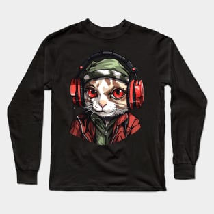 Hardbass Cat With Rave Music Headphones Long Sleeve T-Shirt